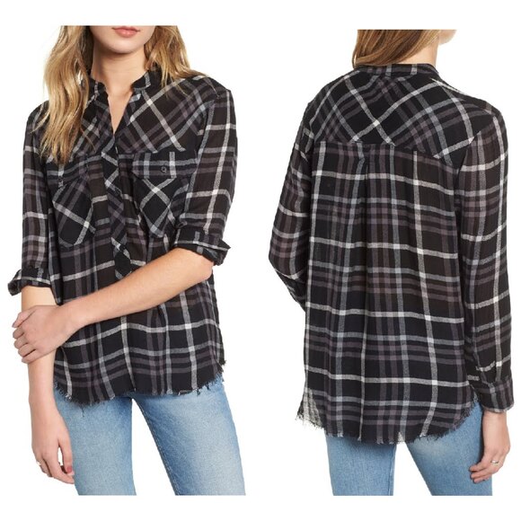 Rails Redding Frayed Trim Plaid Hi Lo Shirt In Ink Grey White Size XS - Picture 2 of 8